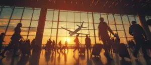 Blog Passageira sentada em poltrona justa de avião em voo longo com pernas dobradas, ilustrando o risco da síndrome da classe econômica e trombose venosa.